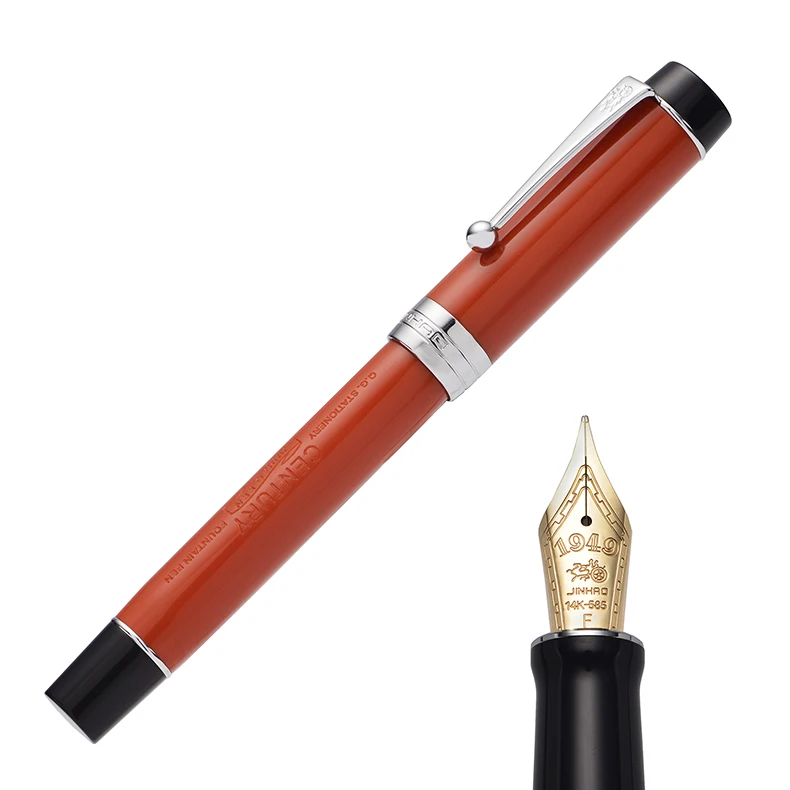 Jinhao 100 14K Gold Resin Fountain Pen Red with Logo Fine Nib 0.5mm with Silver Clip Converter Writing Business Office Ink Pen