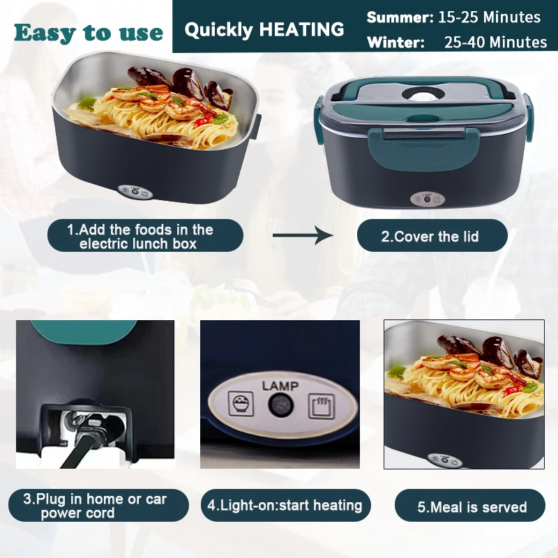 DaoSheng Hot Selling 1.5L 110V 12V/24V Portable 304 Stainless Steel Self Heating Electric Food Warmer Bento Tiffin Lunch Box