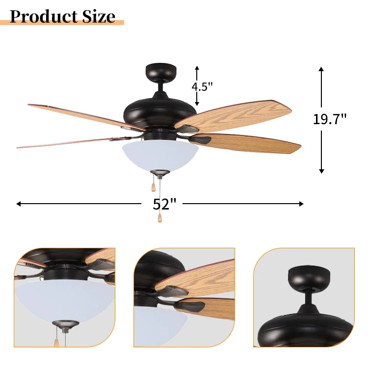 Factory Price Pull Chain Classic Silent Energy Saving 52 Inch Antique Rustic Ceiling Fan With Light