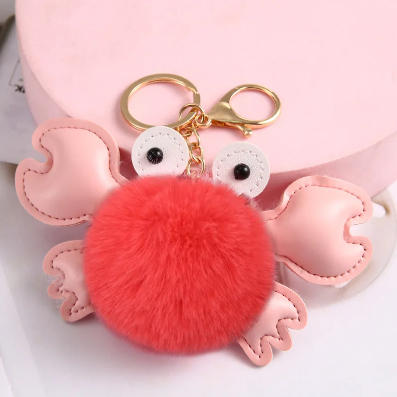 Wholesale Plush Animal Pom Pom ball Crab Keychain Fur Ball Furry Puff Ball Keychain