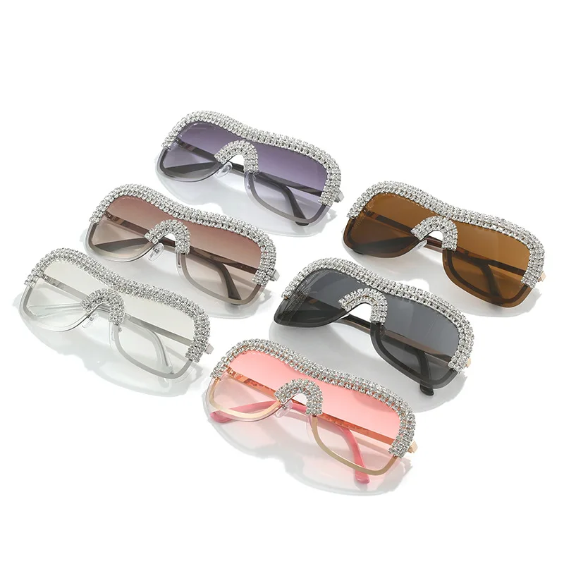 2024 New arrival women trendy diamond bling crystal sunglasses oversized y2k punk one piece vintage sunglasses