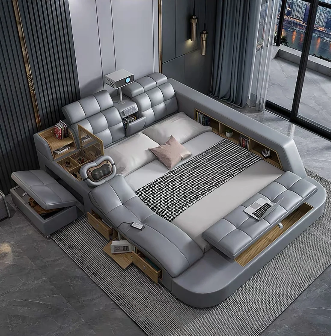 Smart massage bed luxury master bedroom multifunctional modern minimalist projector new style leather bed