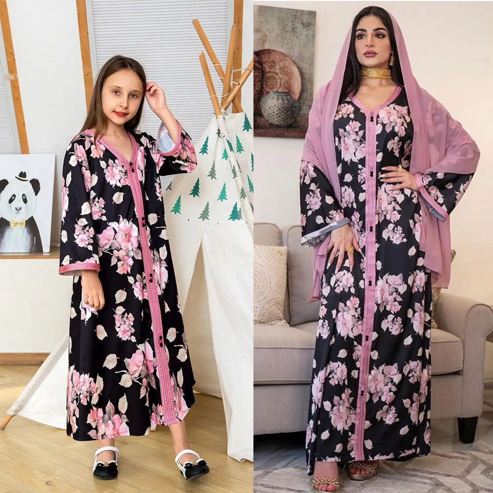 Middle East Islamic Robe kids Dress Arab Dubai jalabiya Floral Printed Parent-child Wear muslim kids dresses for girls