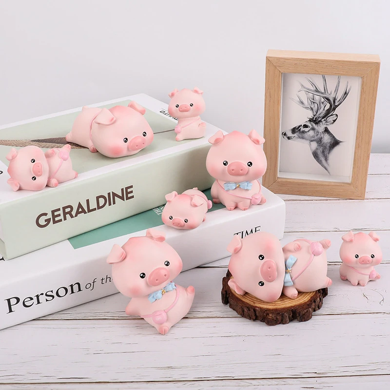 Pink Pig Figure Animal Toys Set Cake Topper Micro Decor Fairy Garden Miniature for Christmas Birthday Gift Desk Decorations/