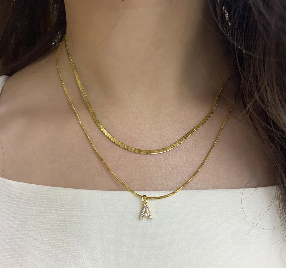 NEWEST stainless steel snake chain women necklace zircon 26 initial letter pendant necklace wholesale for girls