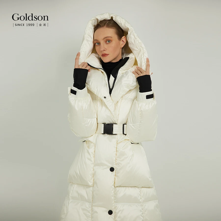 Fashion Fit Windproof Sleeve Front Pocket Hooded With Belt White Duck Down Jacket For Winter