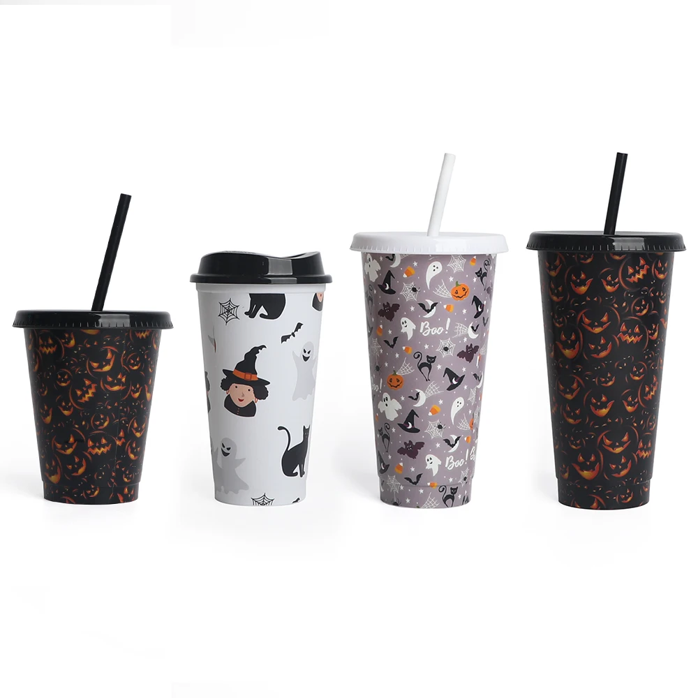 Christmas Pumpkin Halloween 16 Oz Cold Coffee Temperature Custom 24 Oz Plastic Color Changing Cup With Lids Straws