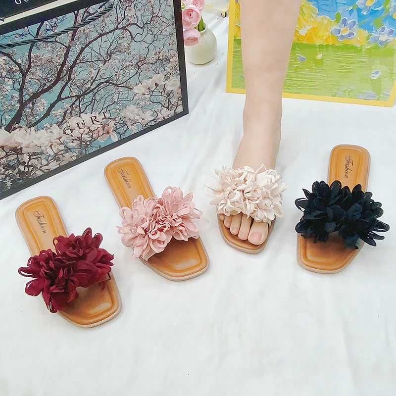 New Popular original flower leather flat sandals slippers for women slides outdoor casual trend slipper shoes