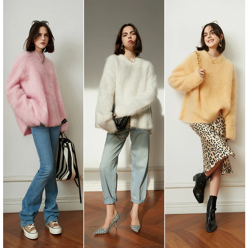 Kingsun OEM ODM custom design long sleeve cozy thick yellow alpaca wool oversized s fuzzy hairy sweater pullover for women