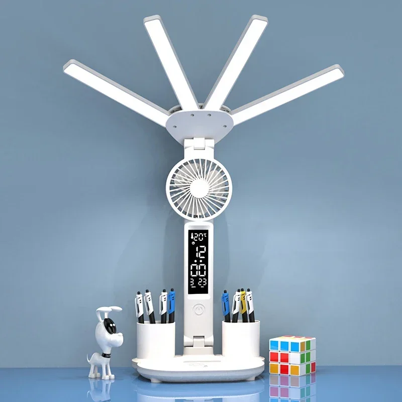 Rechargeable Table Lamp for Study, Desk Lamp Reading Light Led Table Light with Fan, Led Clock Display Reading Lamp