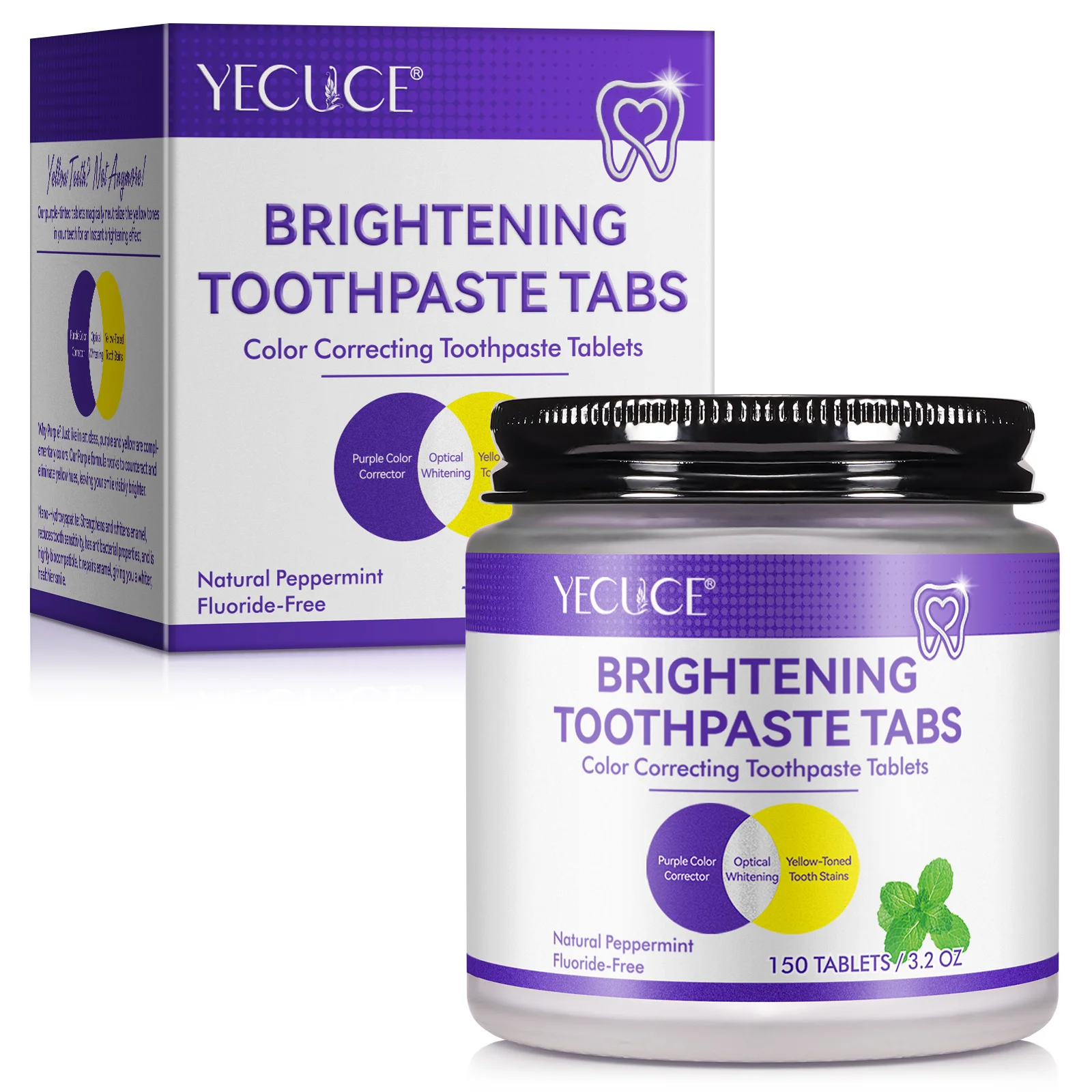 YECUCE peppermint 150 tablets strengthens whitens enamel solid whitening hydroxyapatite chewable toothpaste tablets
