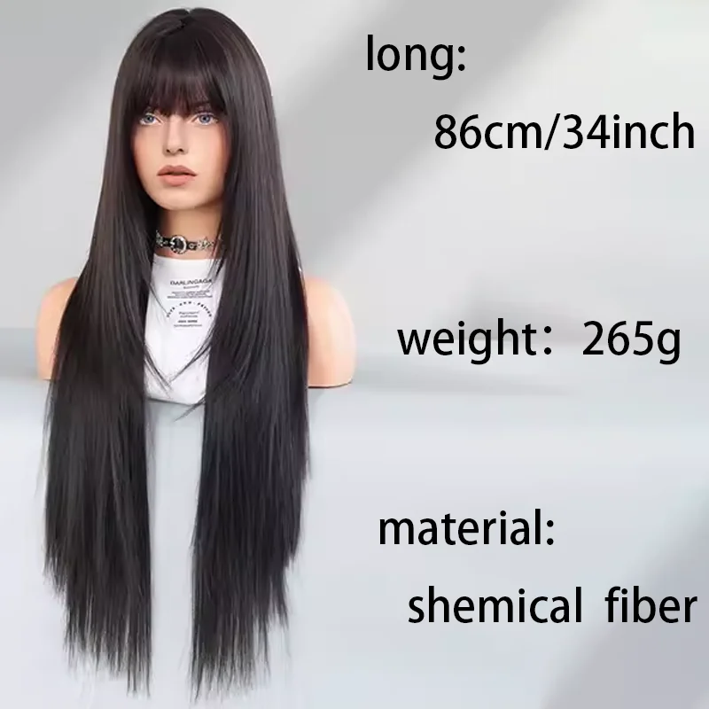 European and American fashion round face layered super long straight hair black full top bangs high temperature silk