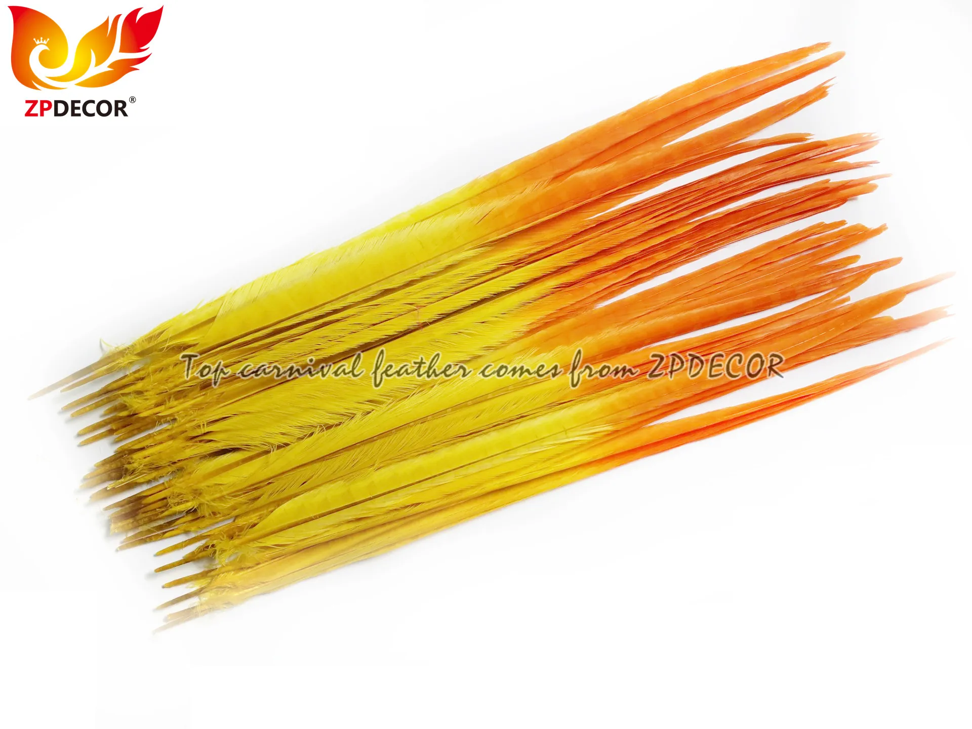 Профессиональный поставщик ZPDECOR, оптовая продажа, 50-55 см, окрашенные половины желтых и оранжевых перьев фазаньского хвоста