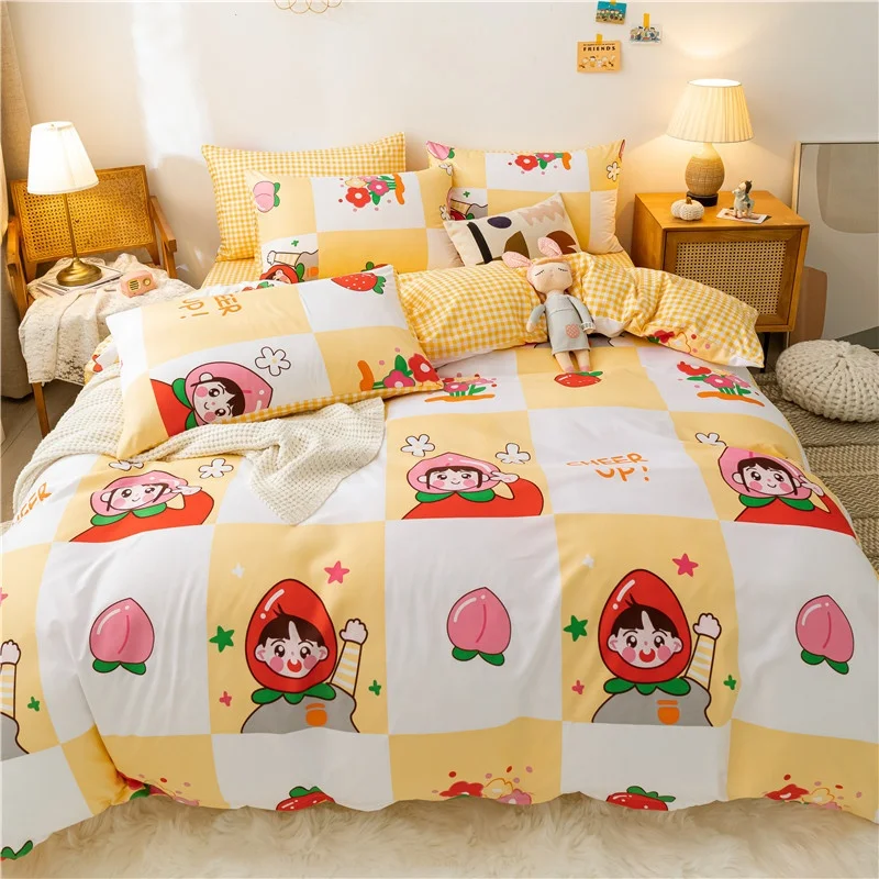 Factory Sale Geometric Grid Pattern Printing Bedding Bed Sheet 100% Cotton 4 Piece Sets Custom Hotel Bedsheet Set Duvet Cover