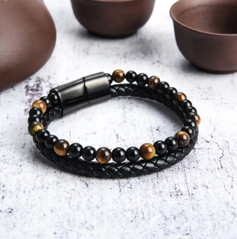 Top Selling Fashionable Friendship Braided Leather Tiger Eye Natural Stone Bead Bracelet For Men