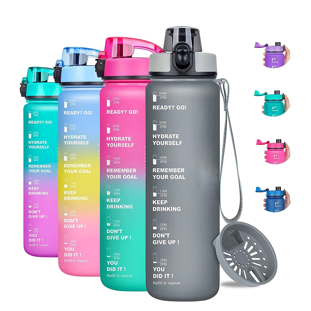 32oz Motivational Water Bottle with Times & Removable Strainer to drink, Reusable Leak-proof BPA Free Sports Water Jug to Remind