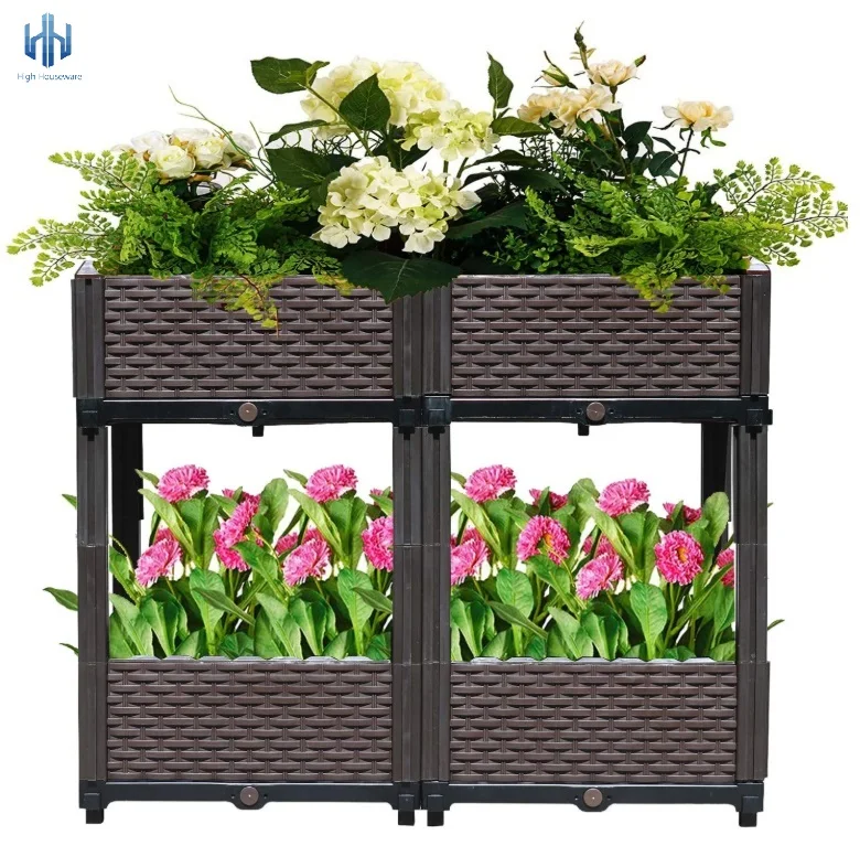 Rattan Style Design Plastic Outdoor Garden Vegetable Flower Herb Bed Planter Box