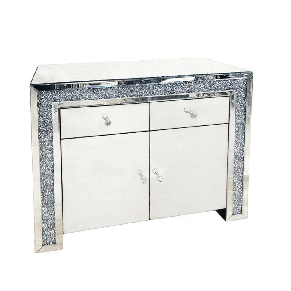 Luxury crushed diamond crystal mirrored 2 door 2 drawer buffet cabinet sideboard