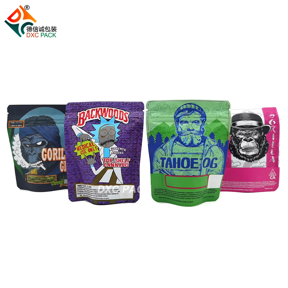 
7g holographic soft printed stand up matte cookies mylar ziplock bags edibles clear front with stickers 