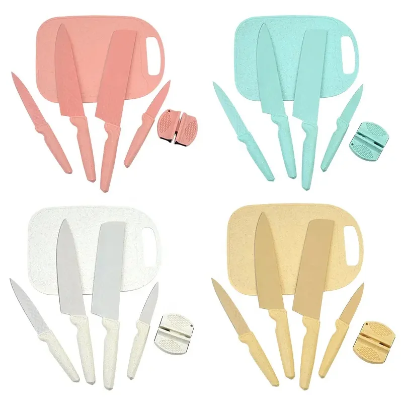 6PCS Nonstick Kitchen Knife Set Cutting Board with Knife Sharpener Christmas Gifts for Woman Girl