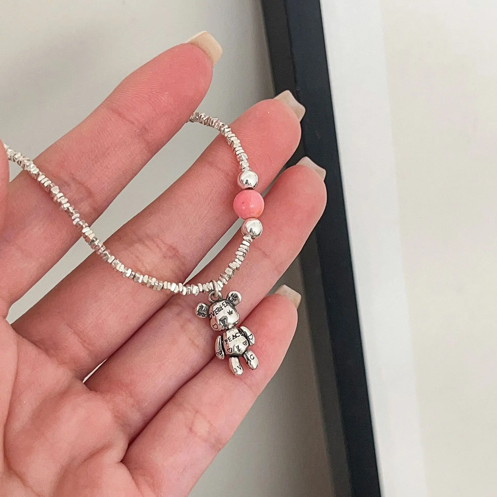 Temperament S925 Pure Silver Teddy Bear Charm Bracelet Female Style Pink Crystal Fashion Jewelry Wholesale