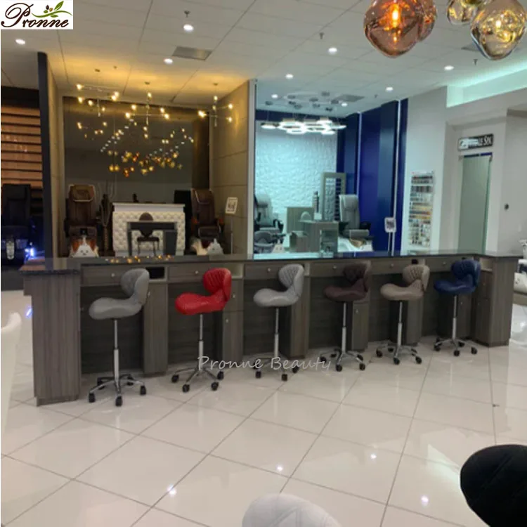 custom made modern lux tufted U shaped large nail bar rolling nail table manicure station salon furniture