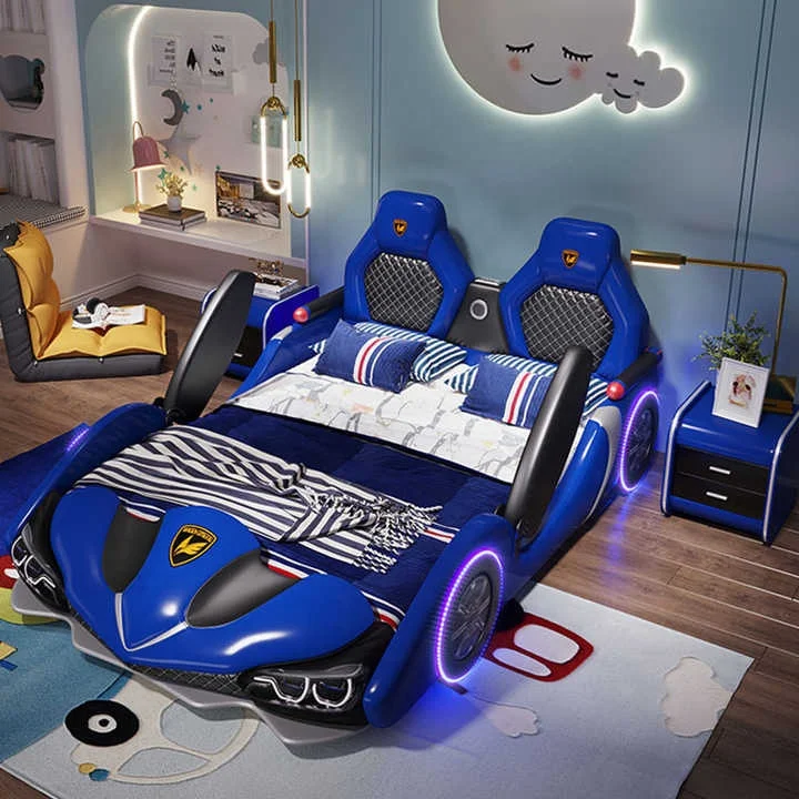 Factory wholesale double creative kids car boy cartoon leather single with guardrail girl Children racing car bed