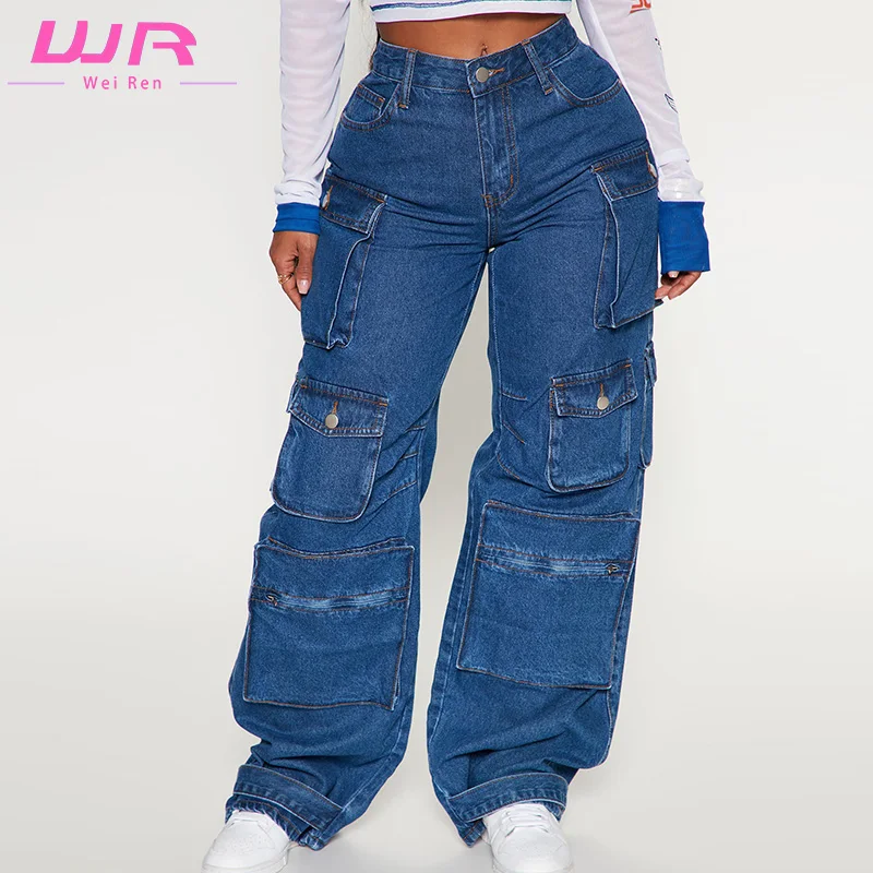 High Quality Hip Hop Women Baggy Trousers High Rise Multi Pockets Faded Washed Denim Boyfriend Style Wide Leg Cargo Jeans