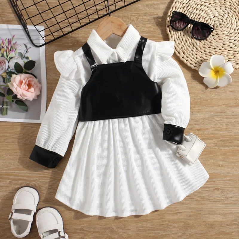 2022 New Girls clothing spring long sleeve white corduroy shirt dress with pu leather vest boutique baby girl clothes