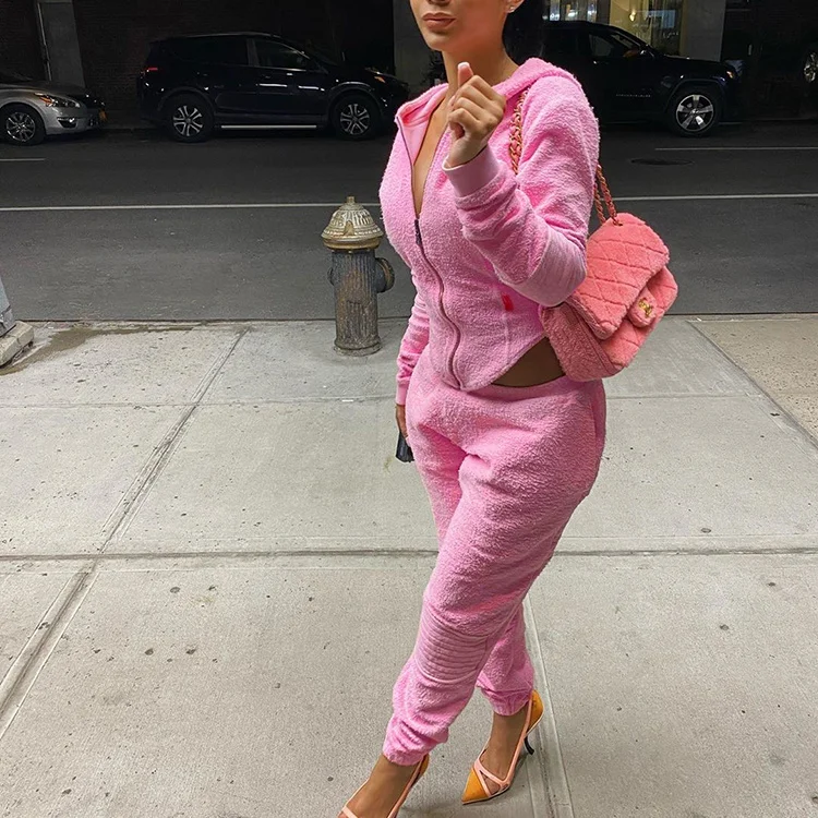 
Solid Zipper Thick Two Piece Outfits Women Winter Clothes Long Sleeve Set Pants And Hoodie Women 