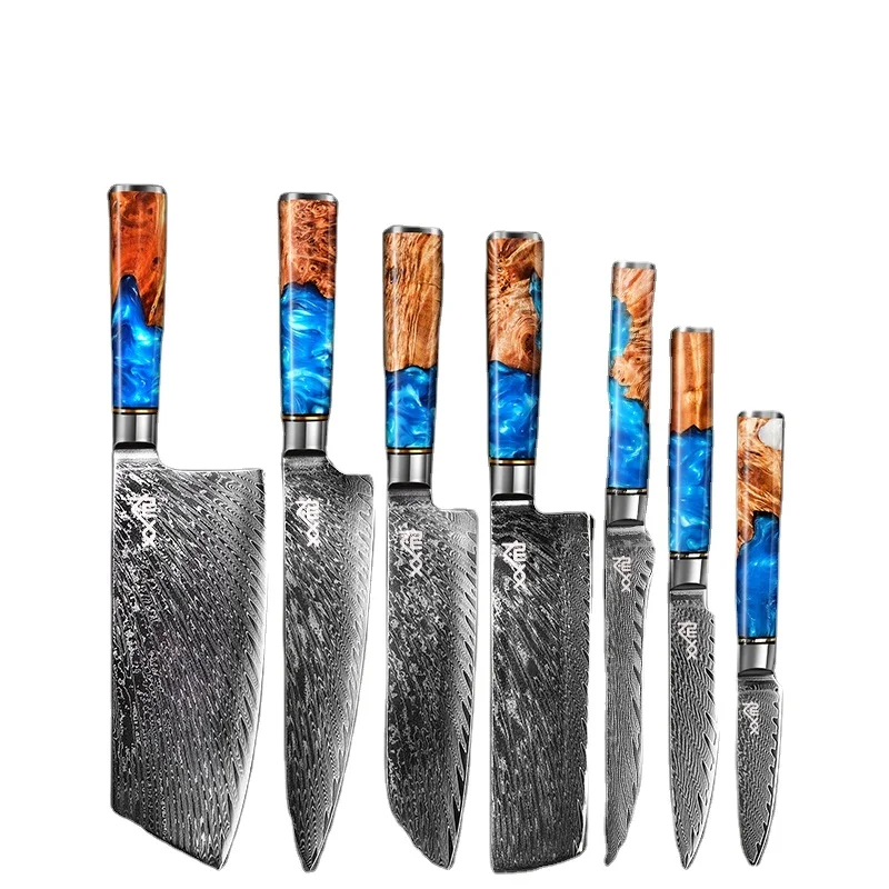 7 PCS Damascus Kitchen Knives Set 67 Layers Shadow Wood with Blue Resin Chef Knife SS316 SS410 100Cr15CoMov  HRC 60+-/2