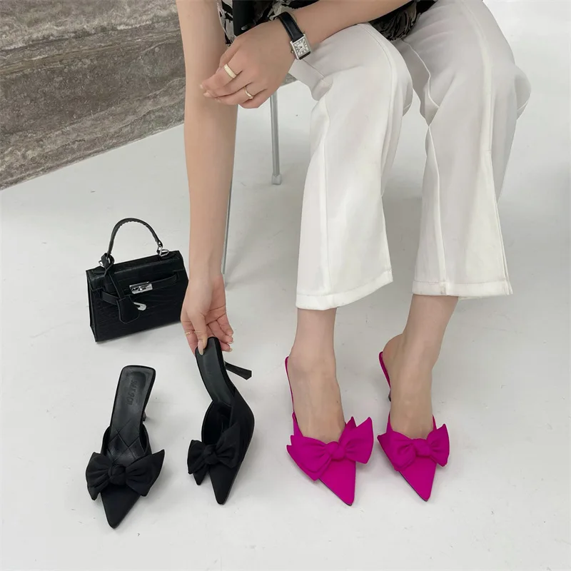 Fashion Heels Sexy Pointed Toe Party Dress Pump Slip-On Size 35-43 2024 Butterfly-Knot Decoration Women High Heel Slippers