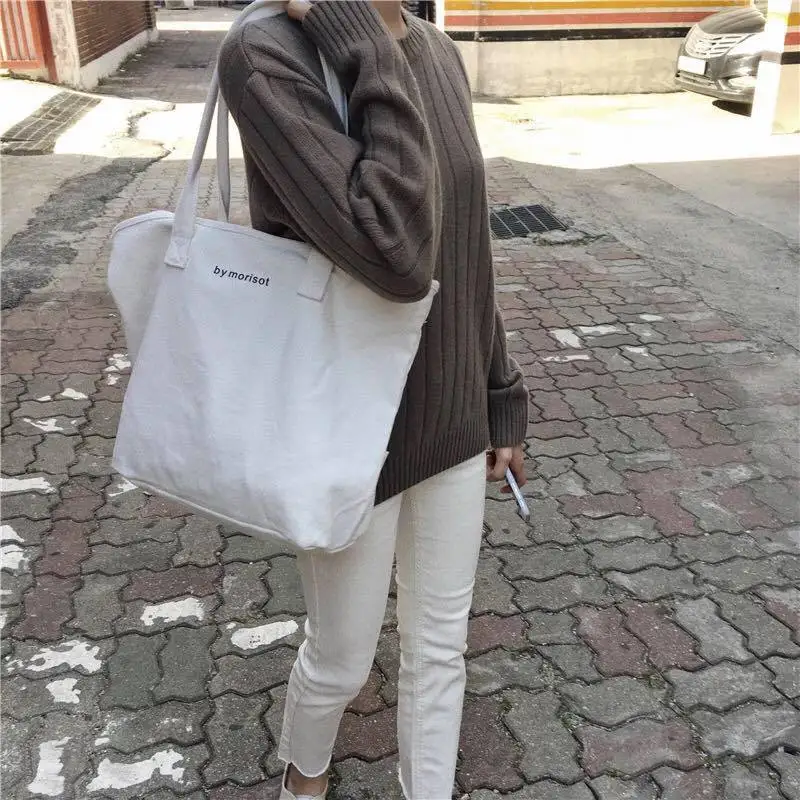 New Wholesale White Plain Large Canvas Tote Fashion Korean Large Capacity Canvas Sling Shoulder Bag For Women