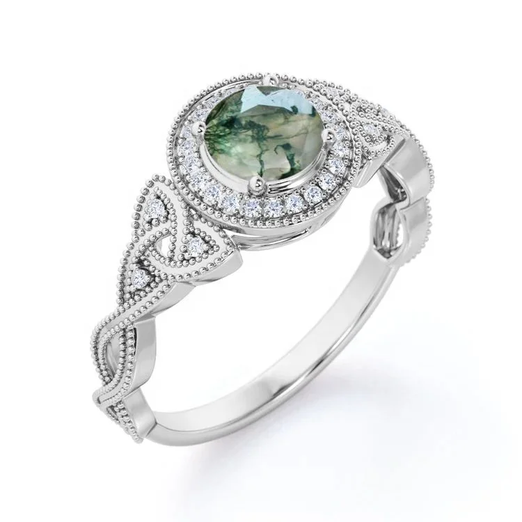 Floral Rope Design Moss Green Agate Ring 925 Sterling Silver Natural Stone Jewelry