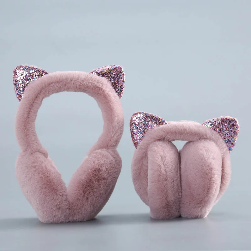 Winter Glittering Sequins Cat Ear Warmer Cute Soft Faux Fur Wool Earmuffs Headband Plush Foldable Ear Muffs For Women Girls