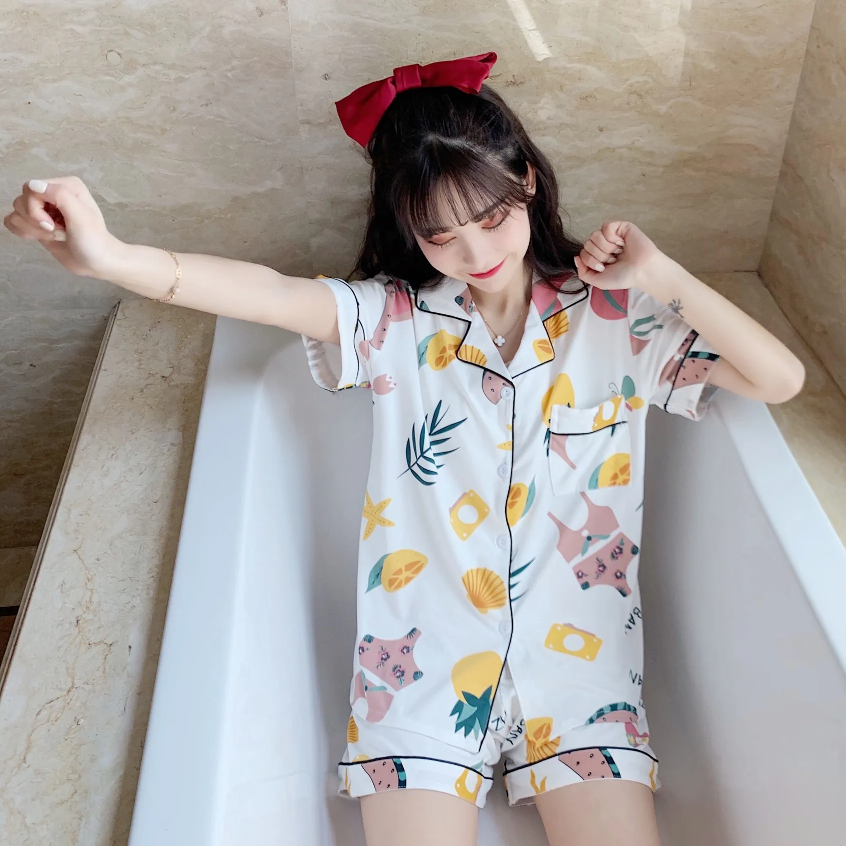 2021 New Short Sleeve Pajamas Set for Women Polyester Silk Sleepwear 2Pcs Nightwear Cute Print Homewear Summer Lounge Pyjamas