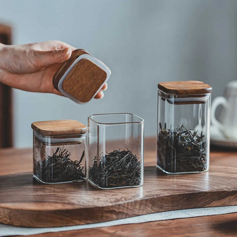 Small Capacity Mini Homestay Tea Can Square Wooden Lid Glass Storage Sealed Storage Of Grains And Coffee