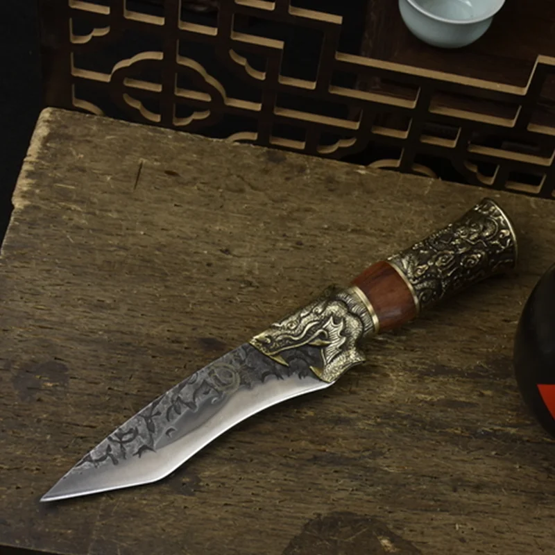 Made in China, 12 inch kitchen cooking knife with wooden handle and copper carving high-end chef knife
