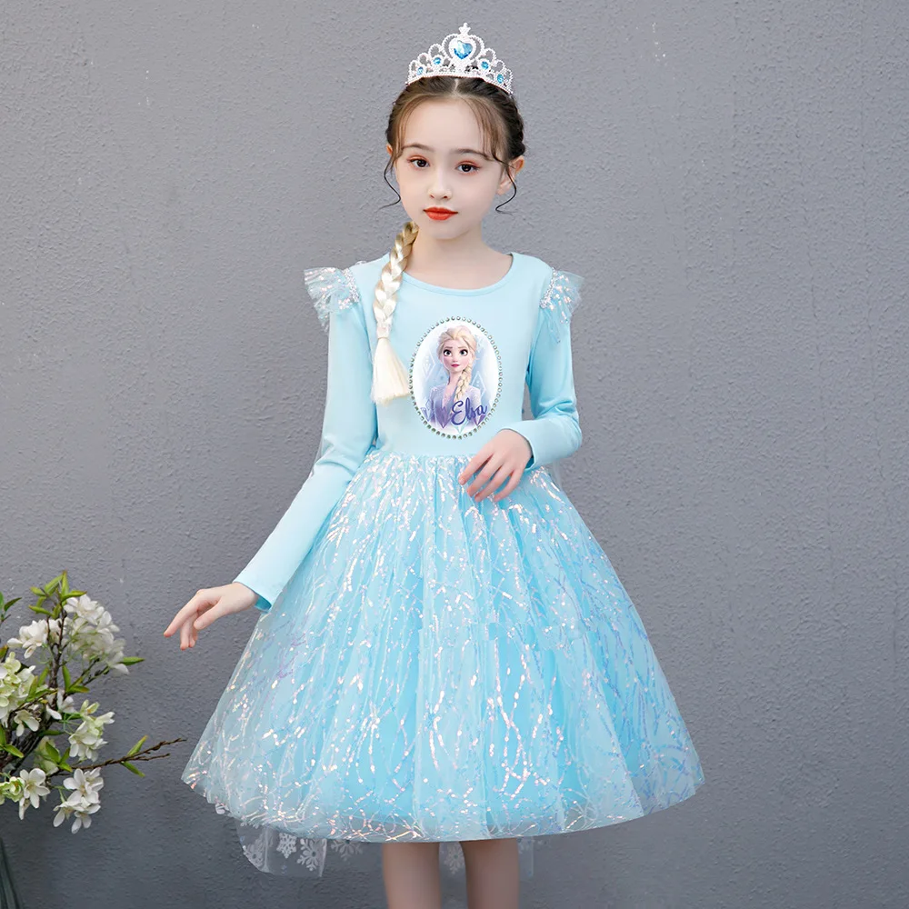 Autumn Children Dresses Kids Long Sleeve Tulle Puffy Dress Girl Halloween Party Cosplay Costume Cartoon Elsa Princess Dress