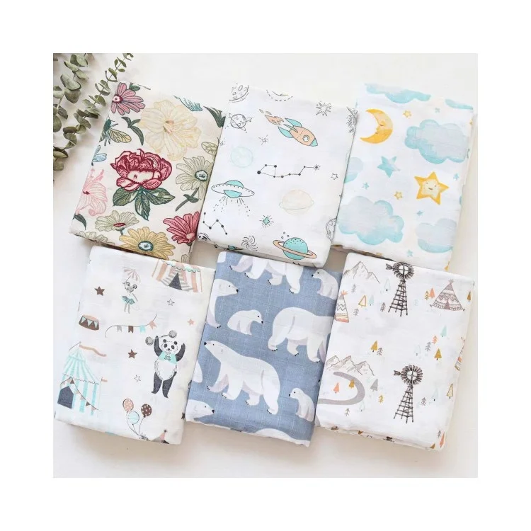 Hot Sale Print Gauze Cotton Bamboo Fiber Baby Easy Adjustable 2/4/6 Layer Super Soft Muslin Swaddle Blankets
