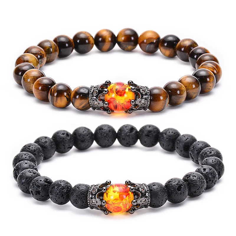 Handmade Fashion Crown Bracelet with Tiger Eye and Volcano Stone Matte Elastic Rope Natural Beaded Bracelet for Gift