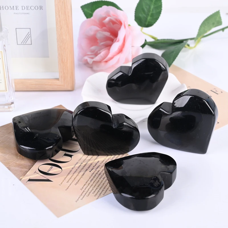Hand Polished Healing Flashy Black Obsidian Heart Natural Crystal Gemstone Carved Heart for Decoration