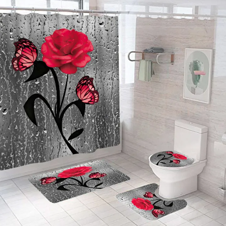 Wholesale Novelty Custom Brand Designer Cortinas De Bao Blue Roses Waterproof Polyester Shower Curtain Set for Bathroom