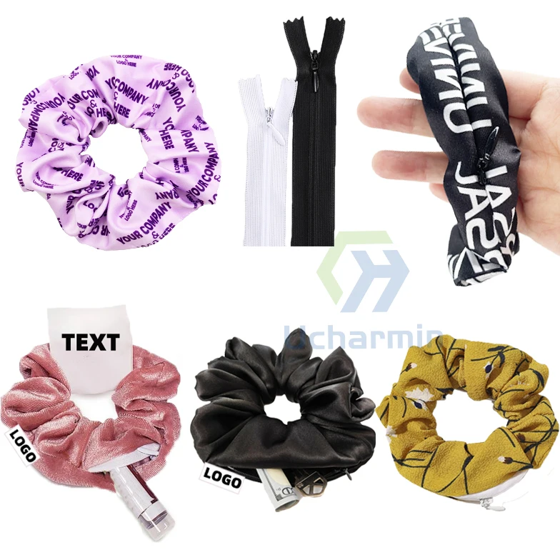 Custom print scrunchies with zipper logo elastic hair band women elegant silk satin scrunchies with pocket