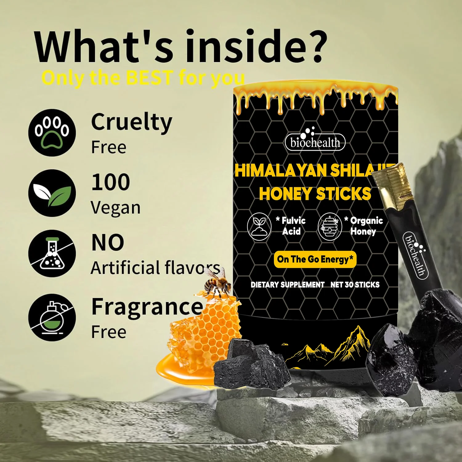 Biochealth GMP Pure Himalayan Shilajit Sticks with Organic Honey, Saffron - 30 Sticks for Energy Boost & Immune Support