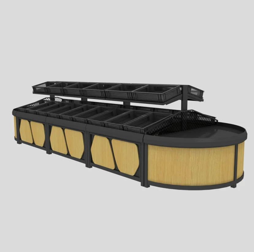 Новый дизайн, деревянные полки для супермаркета, стеллаж для фруктов и овощей с пластиковой корзиной