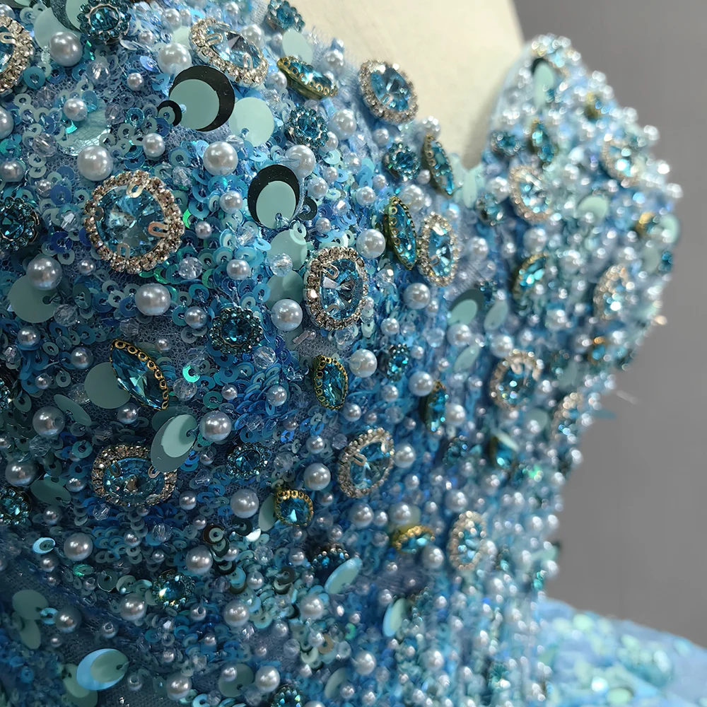 Sky Blue Sparkly Sweetheart Quinceanera Dresses Formal Luxury Party Beading Lace Sweet 15 Dress Graduation Ball Gwon 6555-2