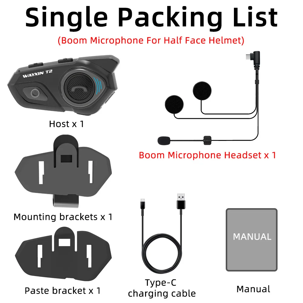 Motorcycle Helmet Wireless Headset WAYXIN T2 Interphone 30m Walkie-Talkie Skiing ATV Dirt Bike Waterproof Wireless Communication