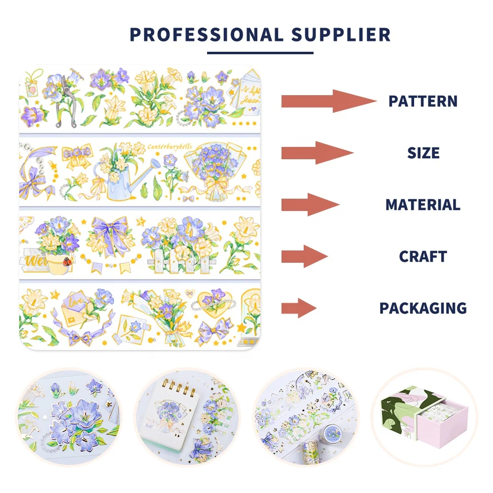 Flower PET Decorative Tape Roll Sticker Gold Folil Craft Taiwan Junk Journal Matte Custom PET Washi Tape For Journal