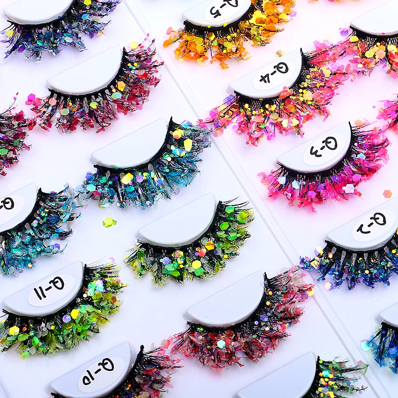 Halloween Lashes 6 Pairs Long Thick Colorful Tinsel Eyelashes Rainbow Falsies for Halloween Party Circus Dance Dress Costumes